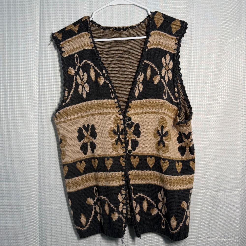 Cottagecore Floral‎ Heart Sweater Vest Women's L Button Front Boho Grandpa Core